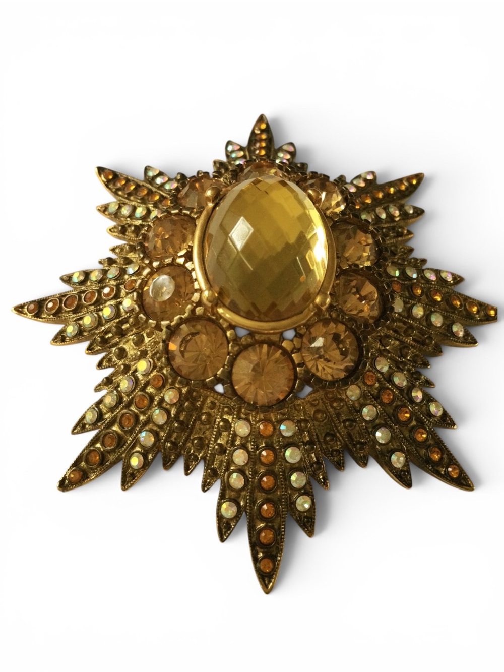 Vintage Joan Rivers Signed Starburst Brooch w/ Citrine, Amber & AB Rhinestones - Picture 6 of 13